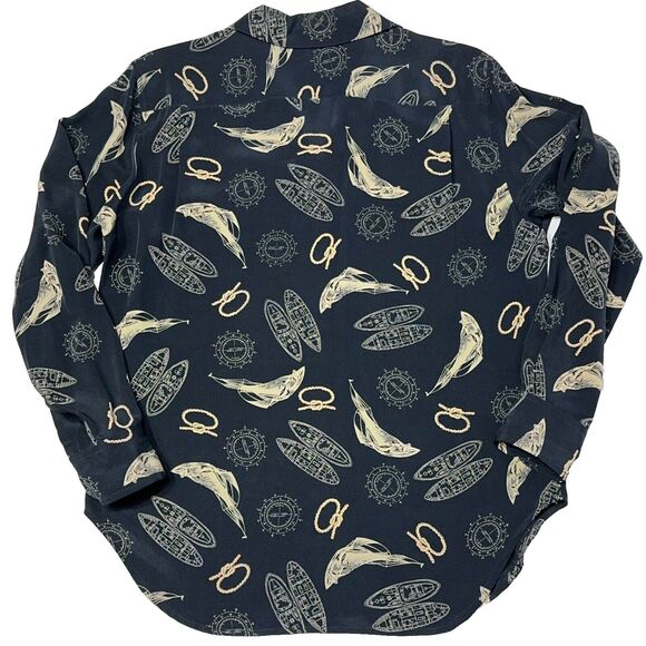 VTG Ralph Lauren Nautical 100% Silk Top Long Roll Tab Sleeve Navy Blue Size PM - Picture 12 of 13